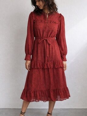 Cleobella Iris Ruffle Boho Prairie Midi Dress Red Small‎ NWT Romantic